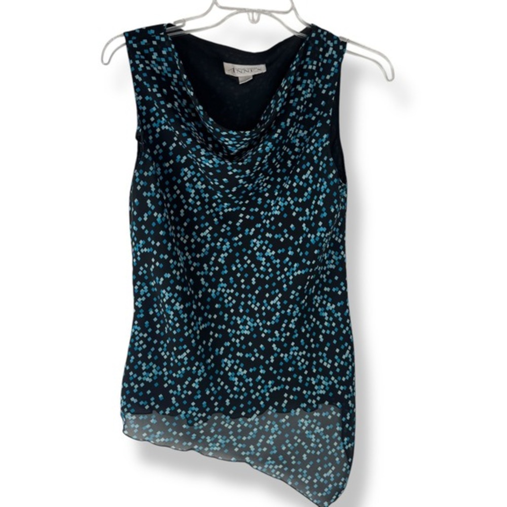 Womens Y2K Abstract Top Size Medium Chiffon Artsy Asymmetrical Blue Black 2000s
